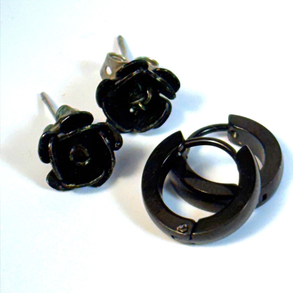 Earring Set Black Rose Studs and Huggie Hoops Matte Finish Goth Romantic